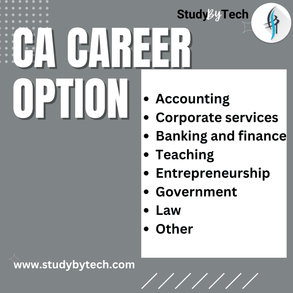 CA CAREER OPTIONS : Accounting, Corporate services , Banking and Fainance, Teaching, Entrepreneurship, Government, Law and others