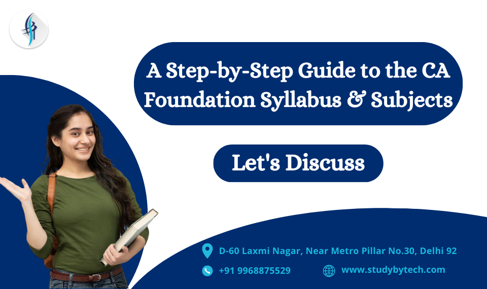 Step-by-Step Guide to CA Foundation Syllabus & Subjects" displays four steps representing subjects: Accounting, Business Laws, Math & Stats, Economics. Steps illustrate the path to exam readiness and success.
